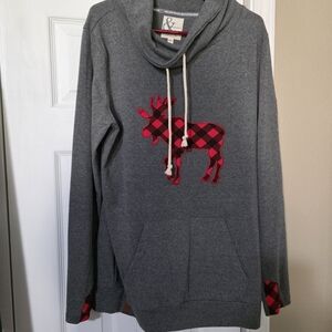 AMPERSAND AVE Gray Hoodie with Red Plaid Moose